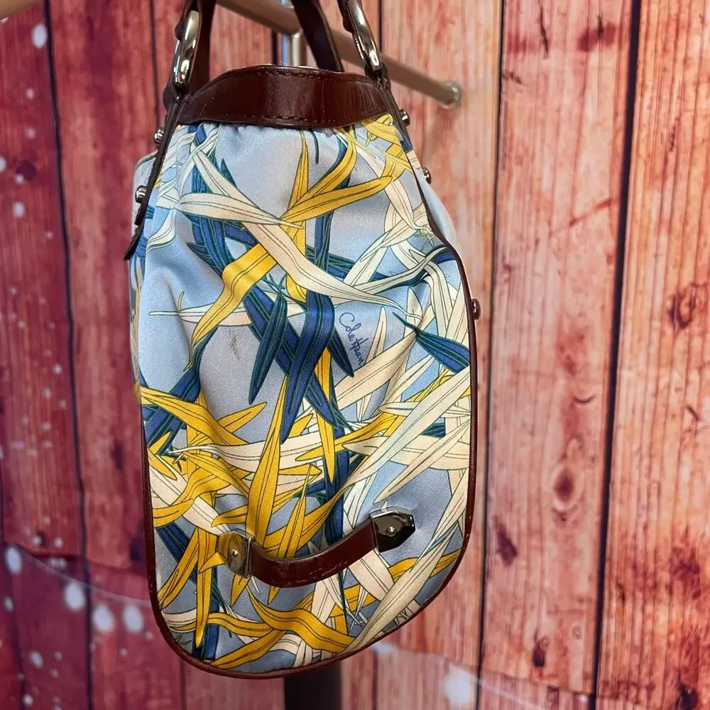 Cole Haan Scarf Print Satchel Sateen Blue Yellow Brown Leather Trim GUC